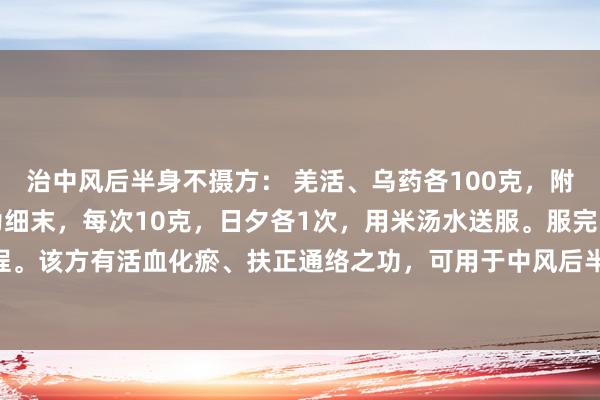 治中风后半身不摄方： 羌活、乌药各100克，附子30克。将上药共研为细末，每次10克，日夕各1次，用米汤水送服。服完1剂为1个疗程。该方有活血化瘀、扶正通络之功，可用于中风后半身不摄，症见肢体麻痹、头昏脑眩，脉